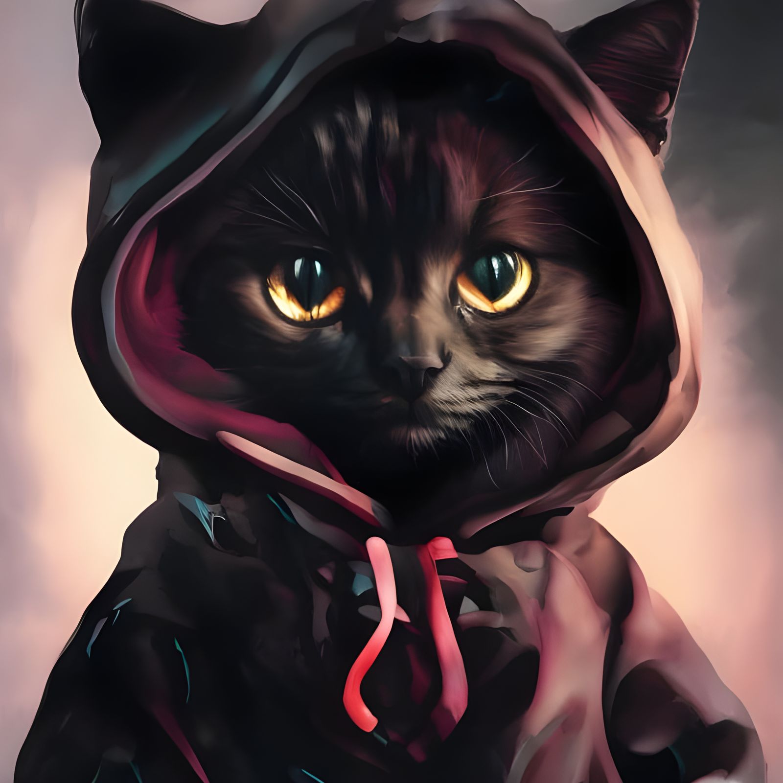 Hooded Cat Portrait in Inkblot Style