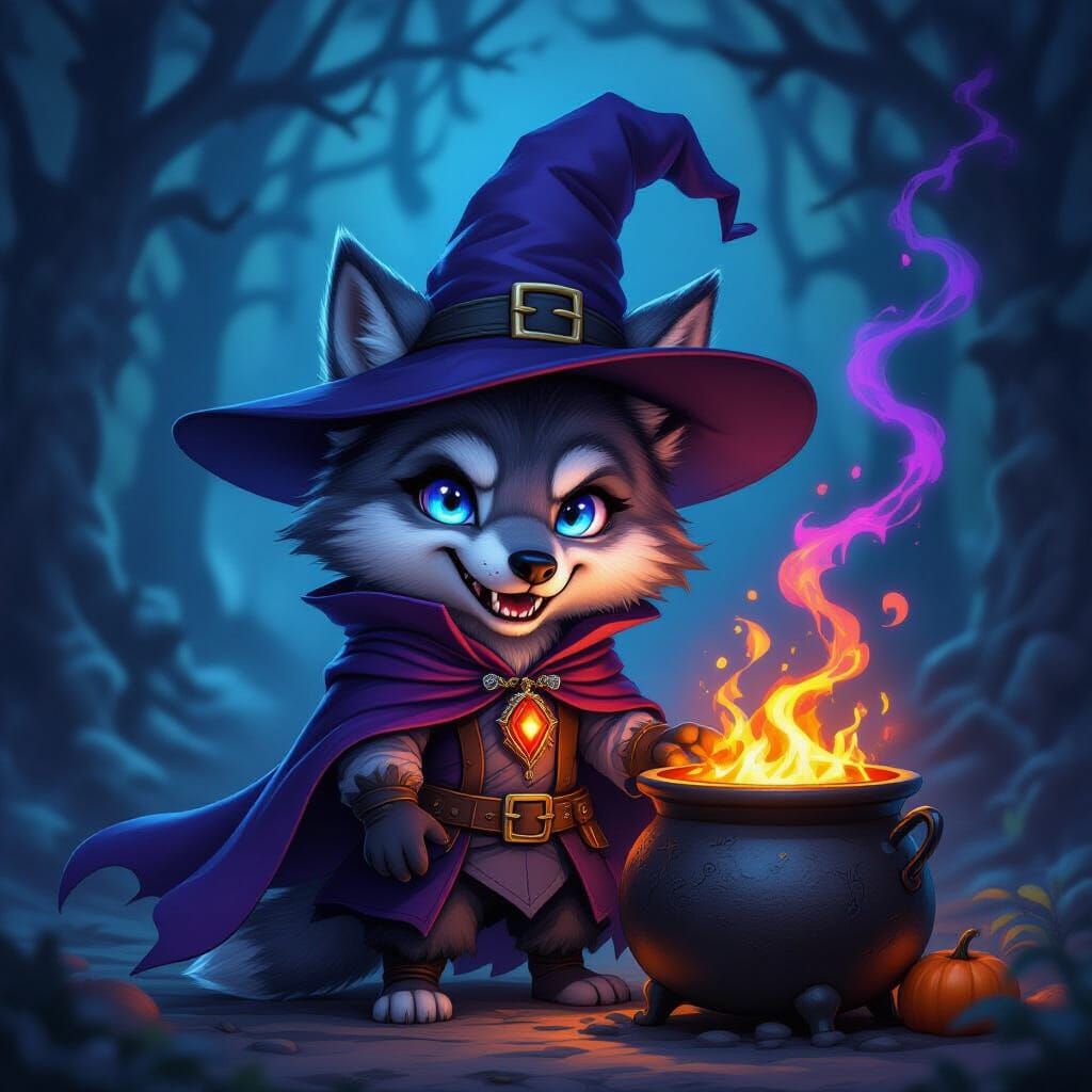 Cute Dark Fantasy Warlock Wolf in Eerie Crypt