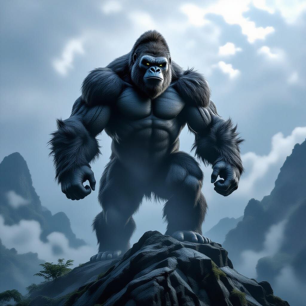 King Kong on Mountain Peak in Stormy Jungle