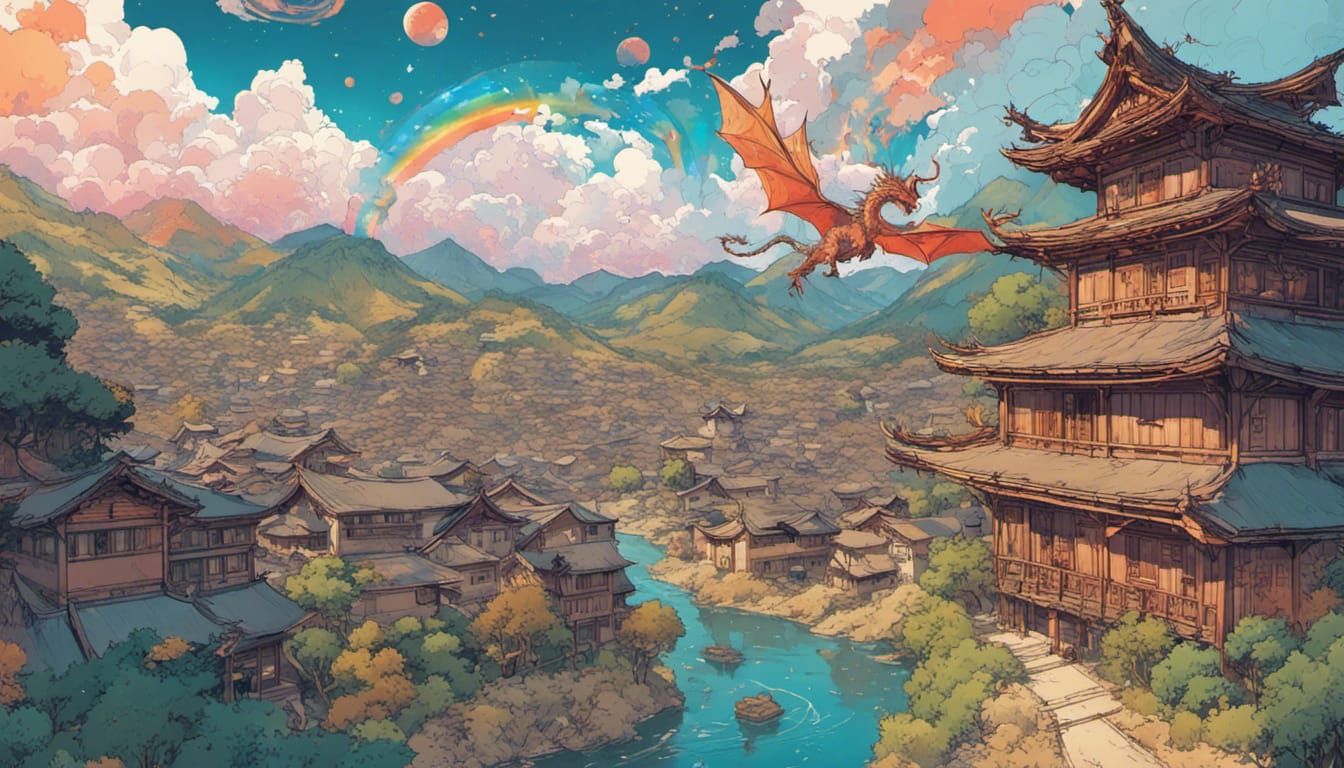 Anime Dragon Over Japanese Village with Rainbow Trail