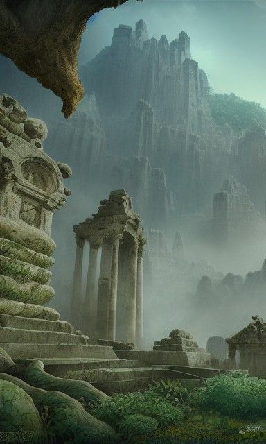 Ancient City Ruins with Shadow Figures in Matte Painting