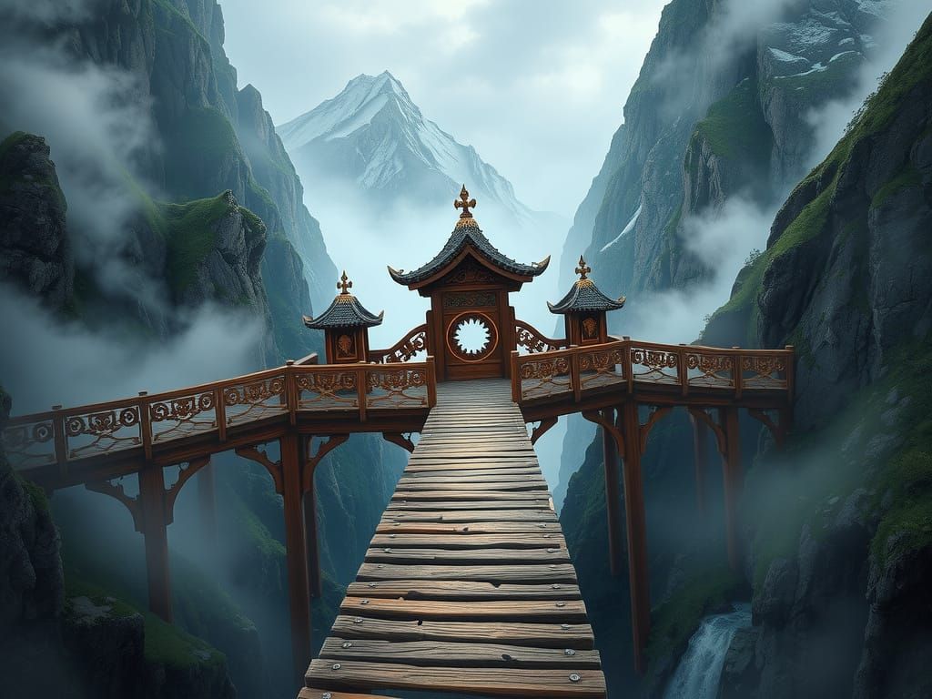 Ethereal Wooden Bridge Connects Mystical Mountains