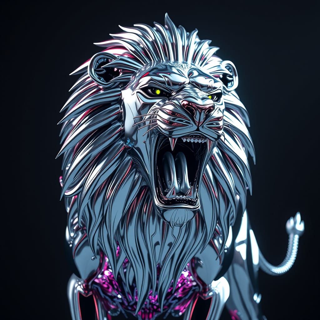 Lion in Chrome Armor, Cyberpunk Futurism