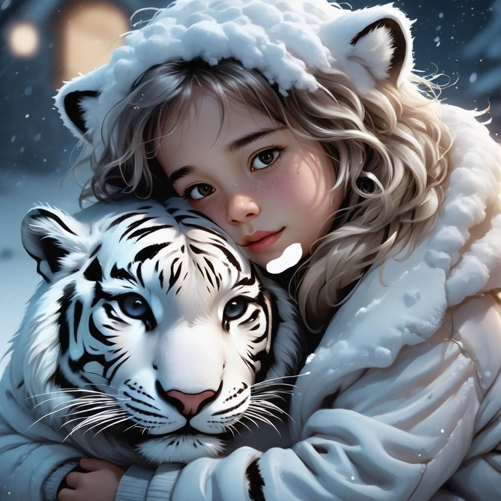 Girl and Snow Tiger in Winter Night: Anime Style
