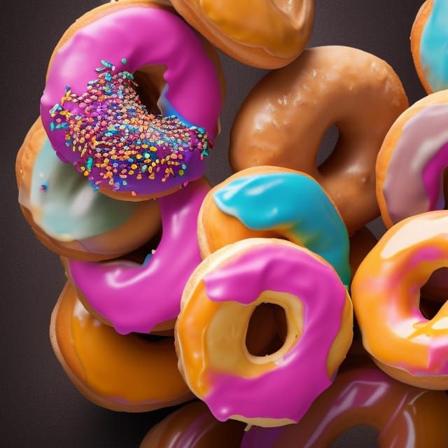colorful realistic Dunkin Donunts Doughnuts in a pile 8K resolution DSLR dynamic lighting photorealistic