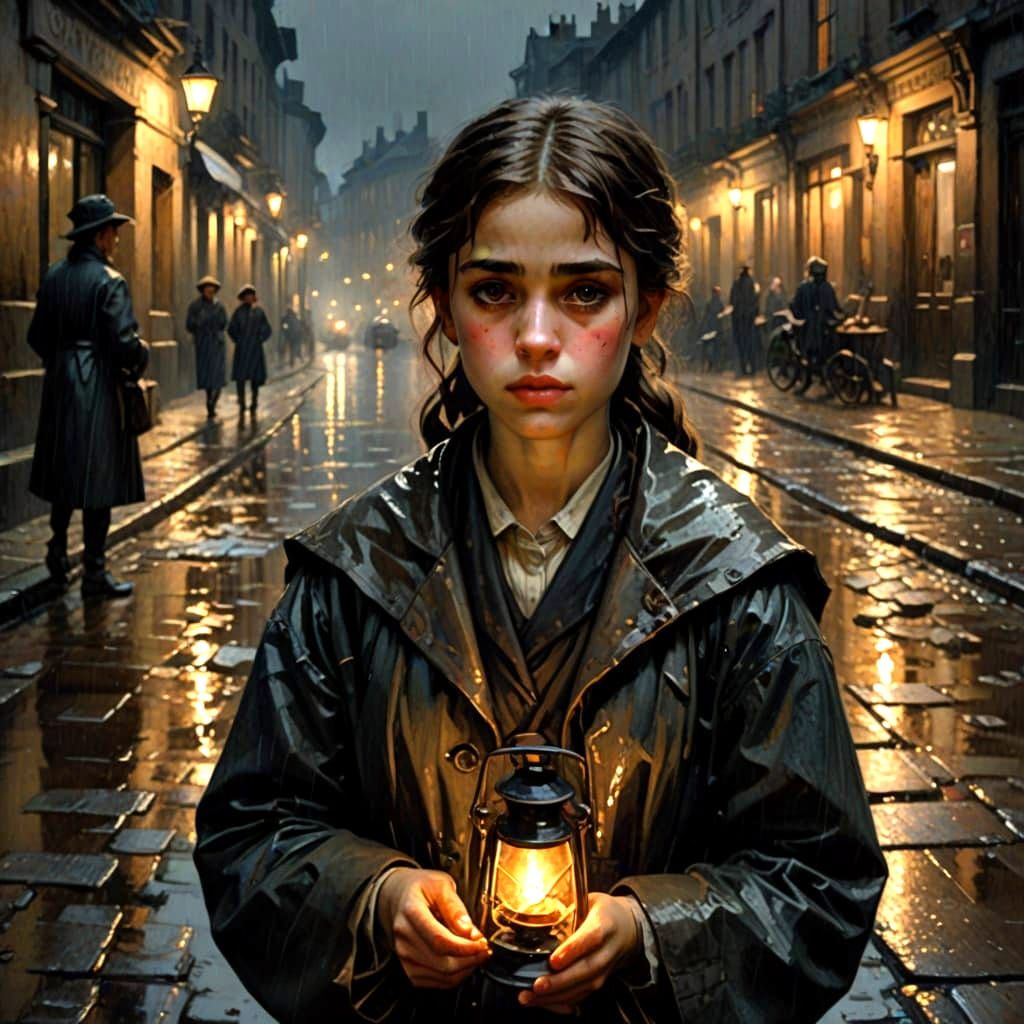 A Young Victorian Girl Begs for Alms in a Moody Street Scene