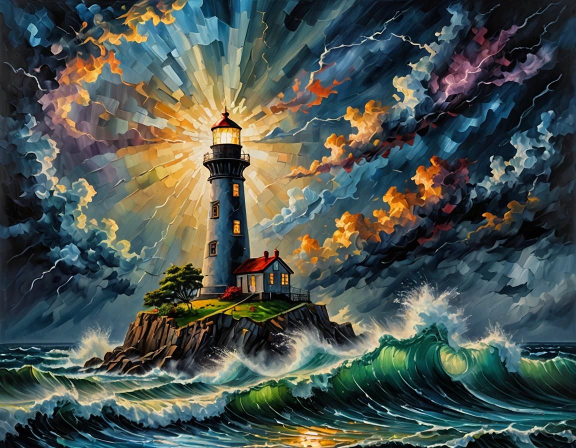 Lighthouse in Glass Jar: Impasto Oil Painting