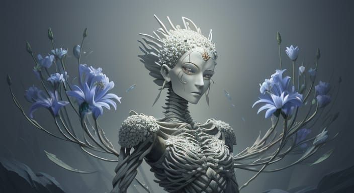 Stone Figure with Lily Spine, Mystical Fantasy Art