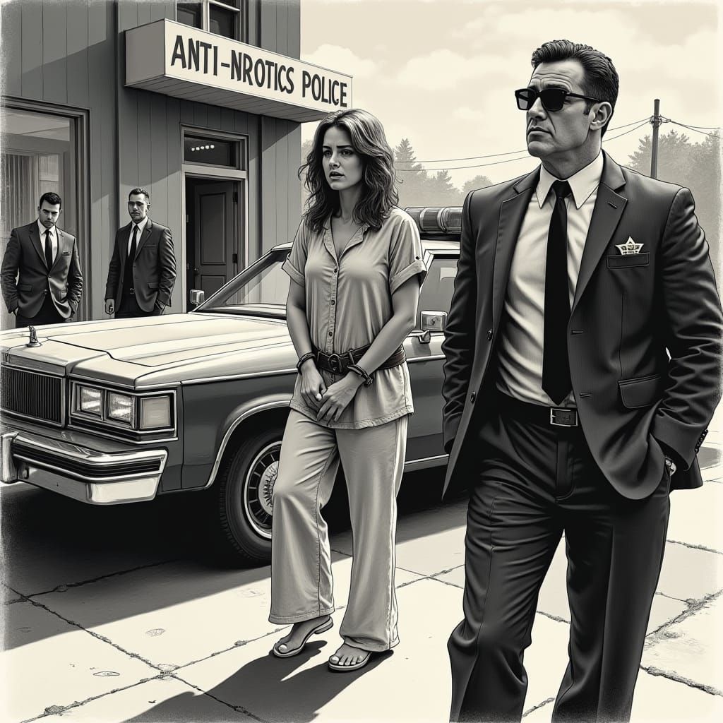 Arrest at Narcotics HQ in Gritty Comic Style