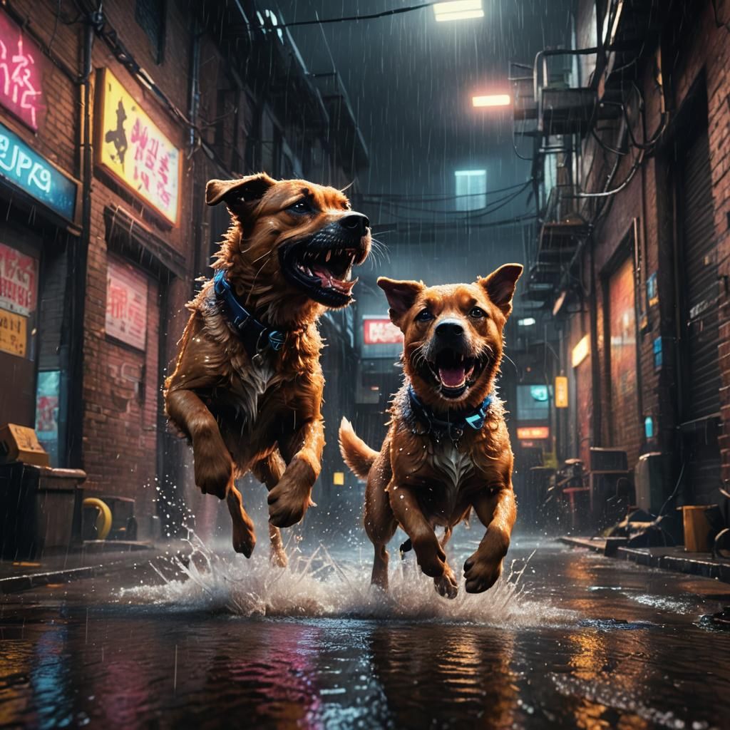 Dogs Fight in Rainy Alley: 3D Video Game Art