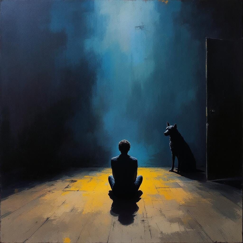 Ominous Black Dog in Shadows: Modern Acrylic Painting