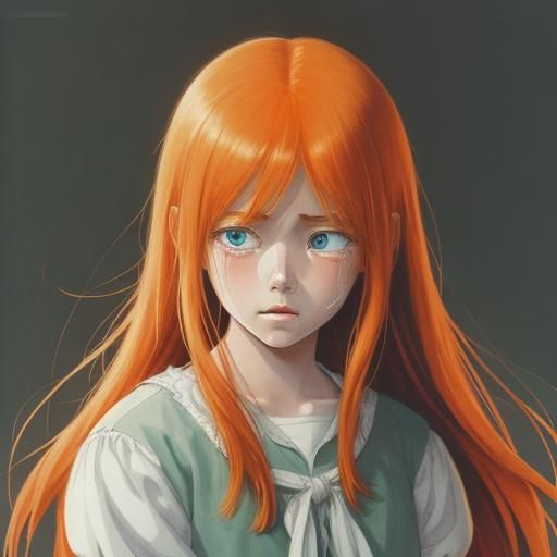 Crying Anime Girl with Orange Hair in Cel-Shaded Style