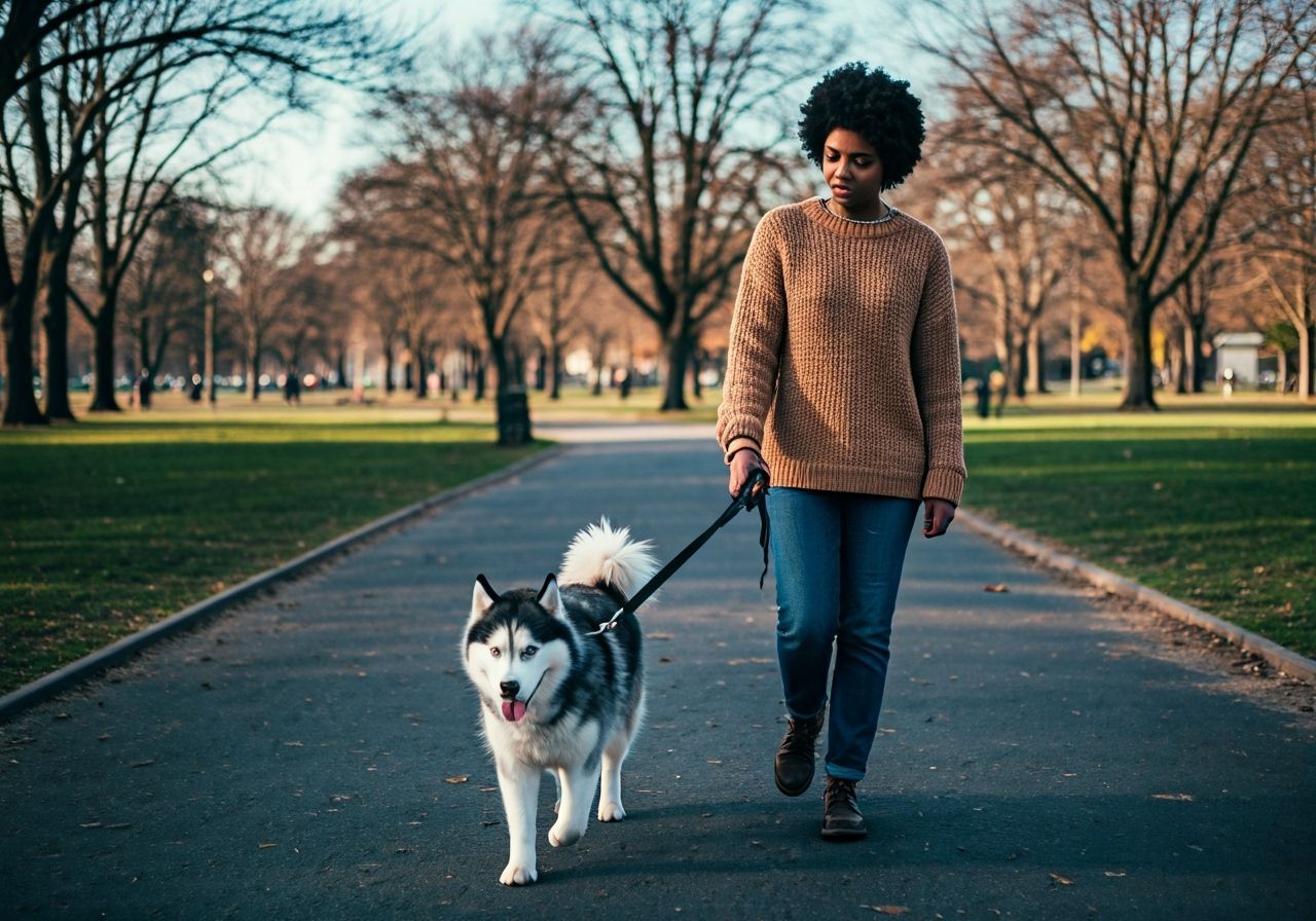 Woman and Husky Dog in City Park, Film Photography