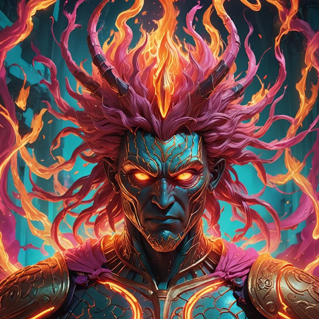 Broken Greek God with Fire Eyes and Neon Aura