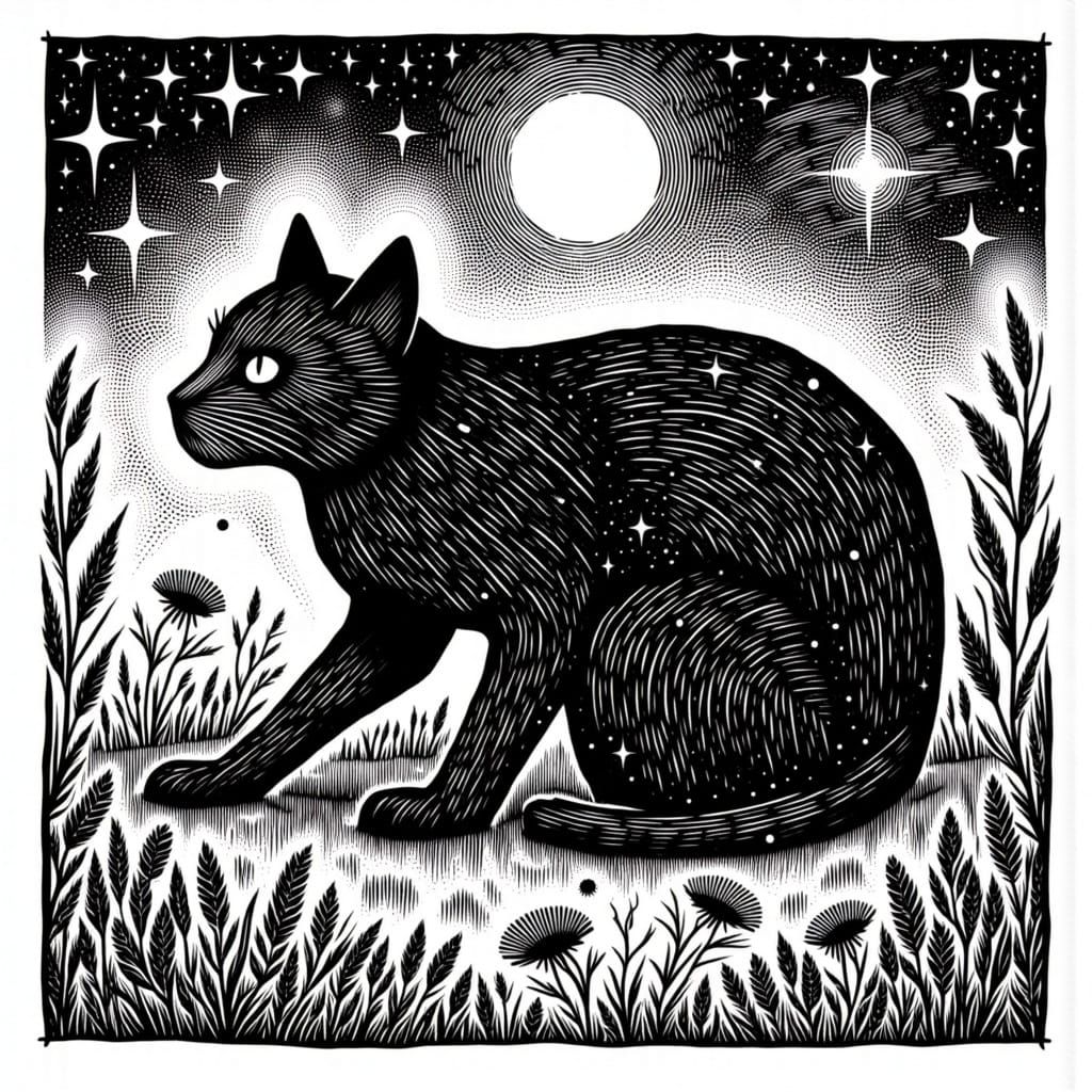 Whimsical Woodcut Cat in Vintage Style