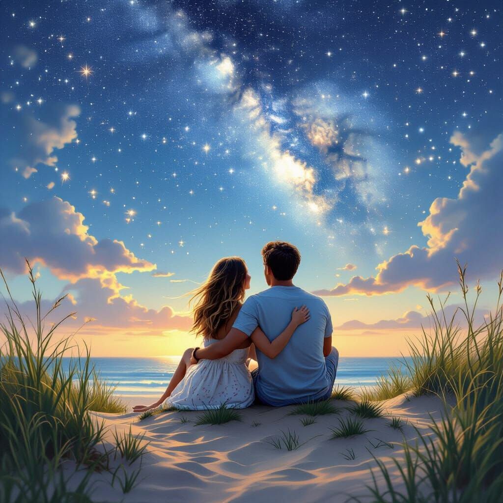 Romantic Couple Gazing at Stars on Beach