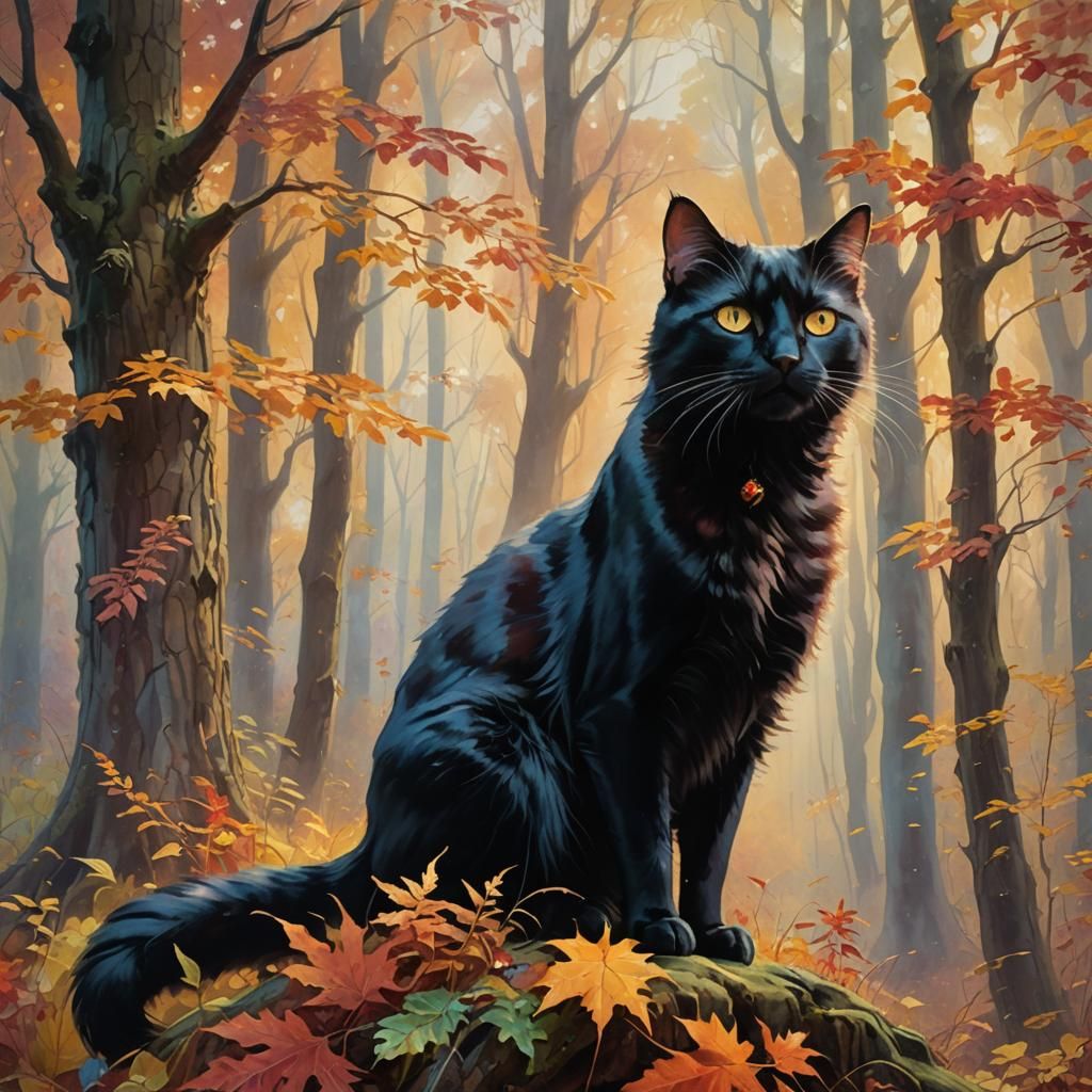 Black Cat in Autumn Forest as Impasto Oil Painting