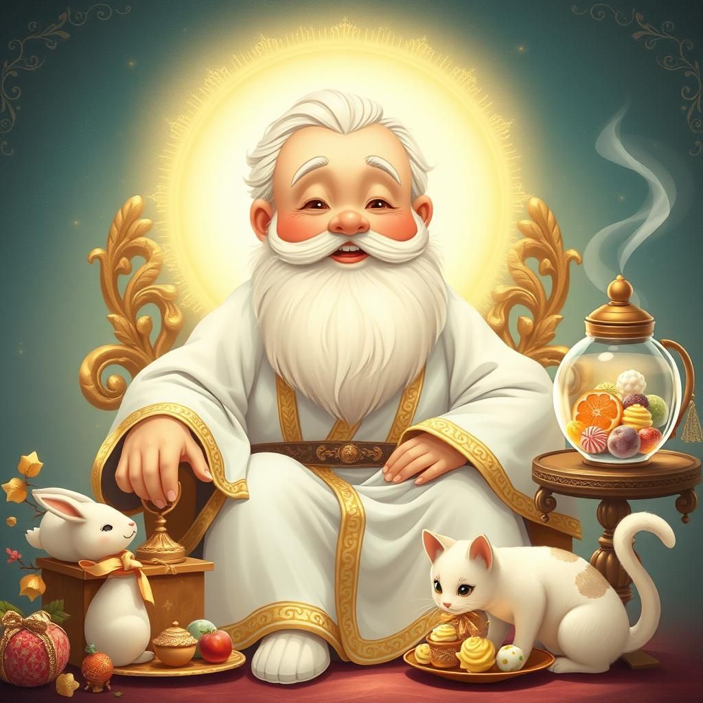 A Jolly God Surrounded by Whimsical Treasures