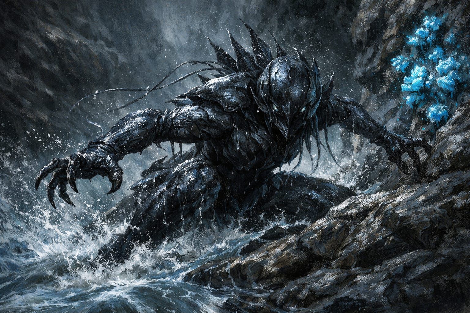 Chitinous Shapeshifter Emerging From River Gorge