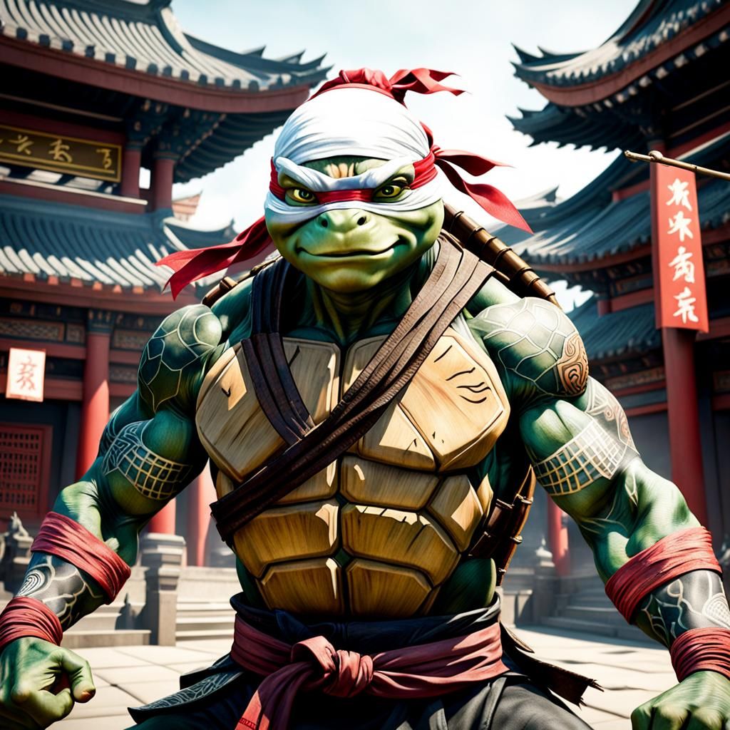 Angry Ninja Turtle in Kung Fu Attire, Clutching Temple Wall