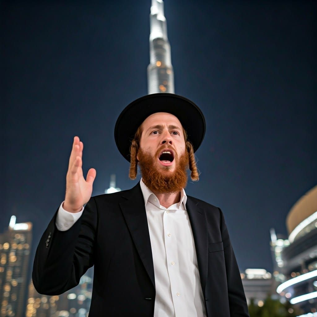 Ultra-Orthodox Jew Faces Burj Khalifa in Traditional Attire