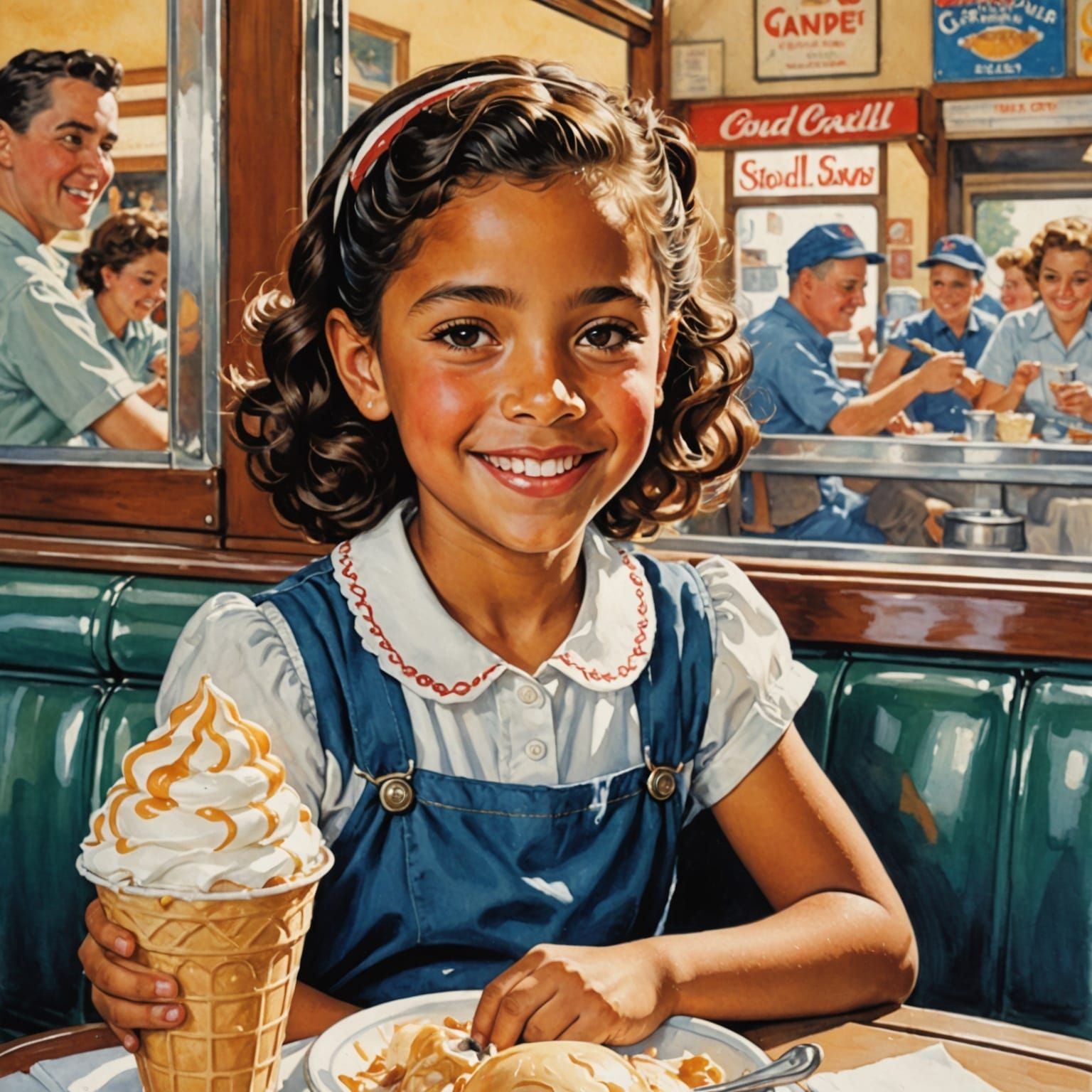 Adorable Girl Savoring Ice Cream in Vintage Parlor