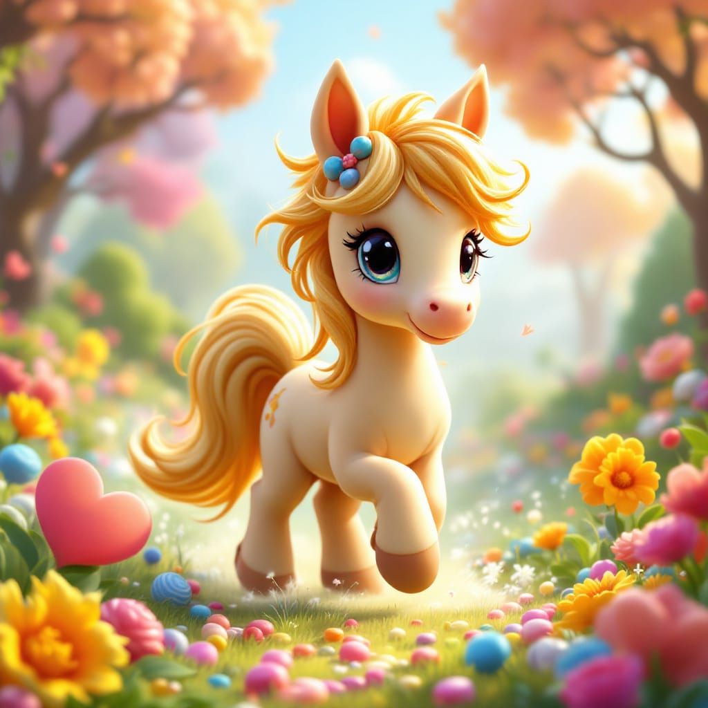 Cartoon Pony Frolics in Candy Land: CGI Fantasy Art