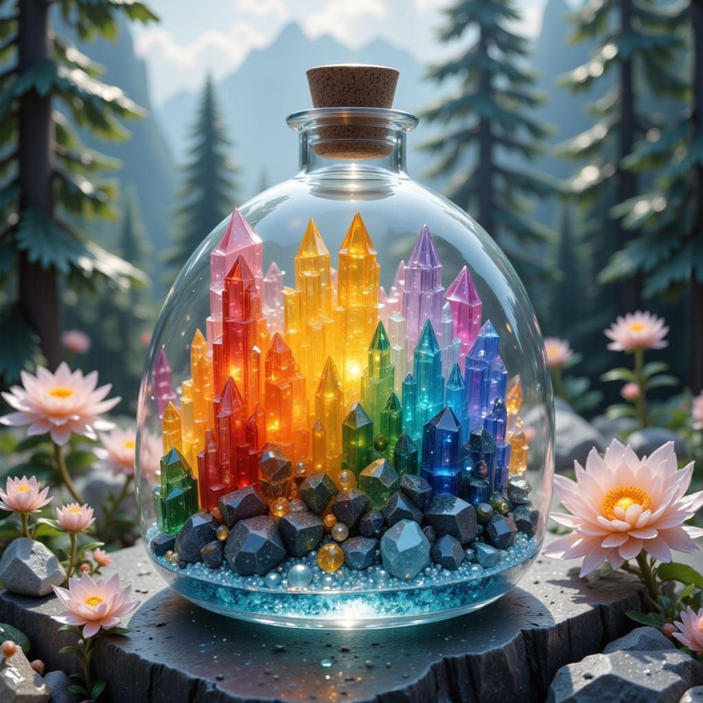 Vibrant Rainbow Crystal Landscape in a Glass Vessel