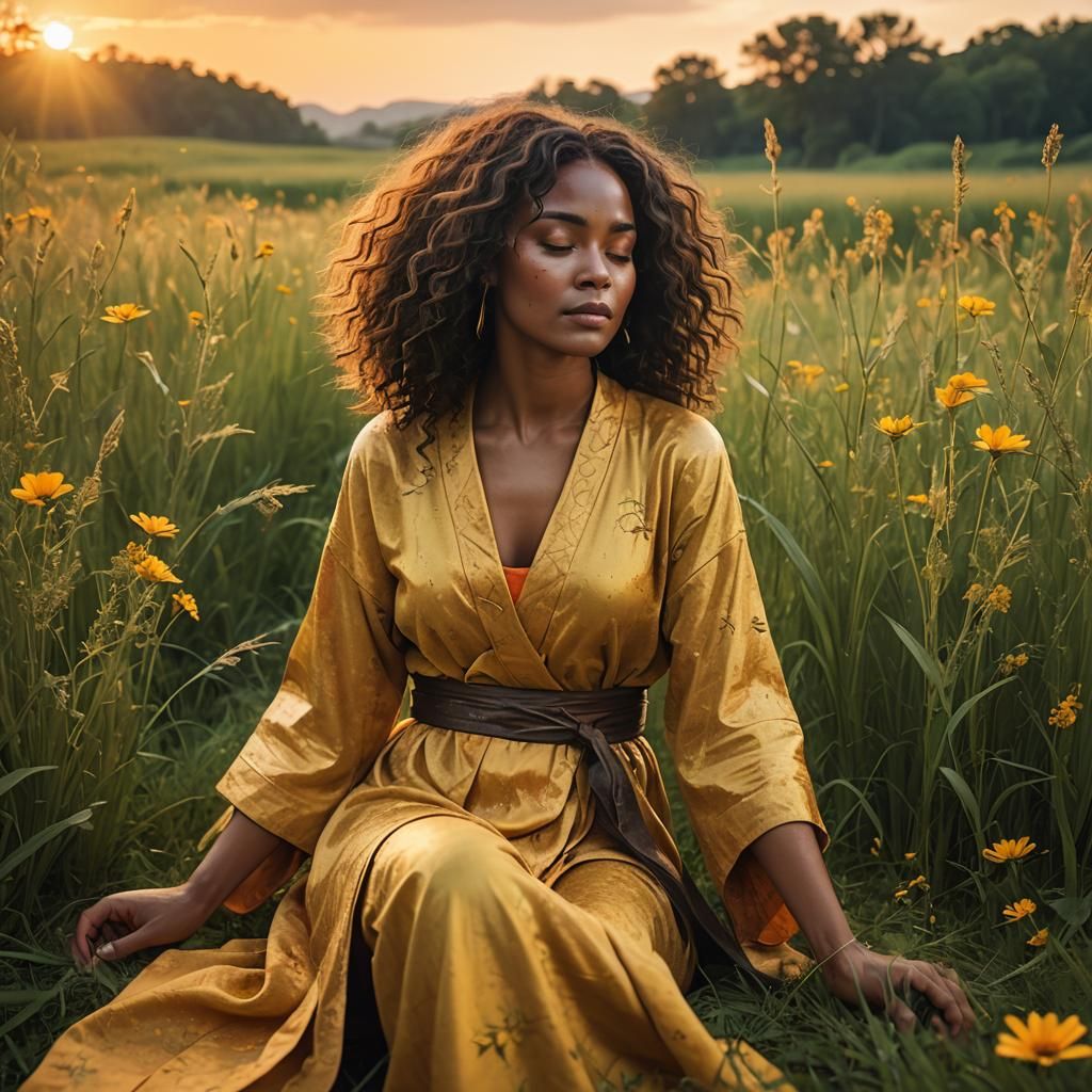 Brown Woman Meditating in Sunset Field: Fantasy Art
