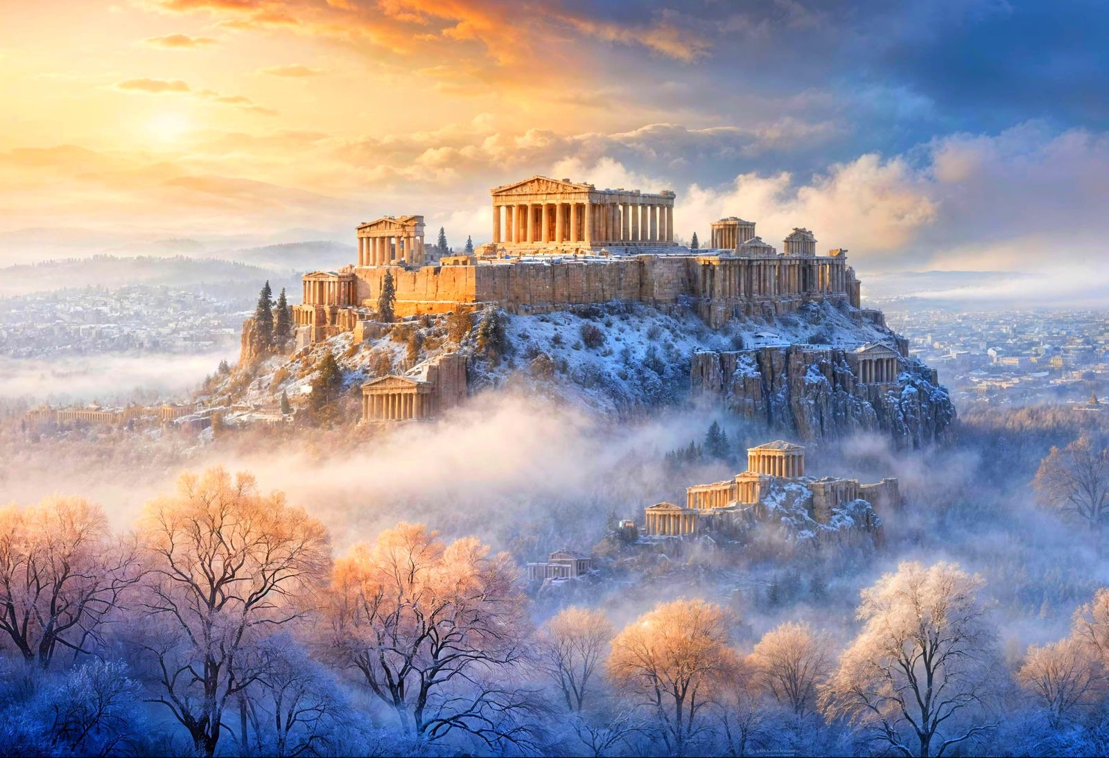Acropolis in Snowy Winter Fog