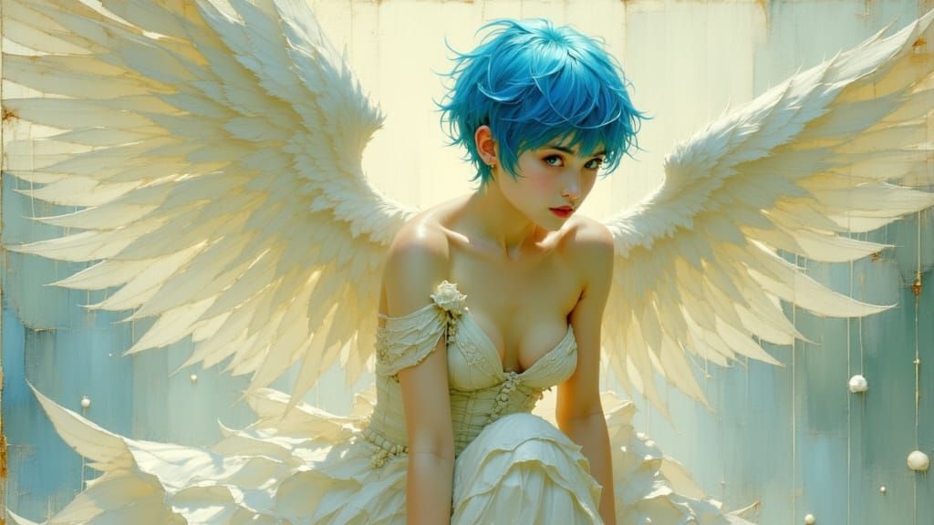 Tanned Angel With Blue Hair and White Wings in Dynamic Pose