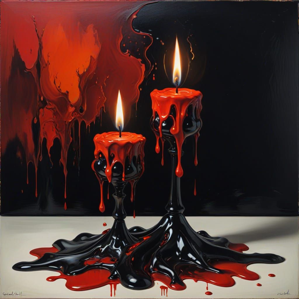 Surreal Melted Candles in Red and Black, Dali Style