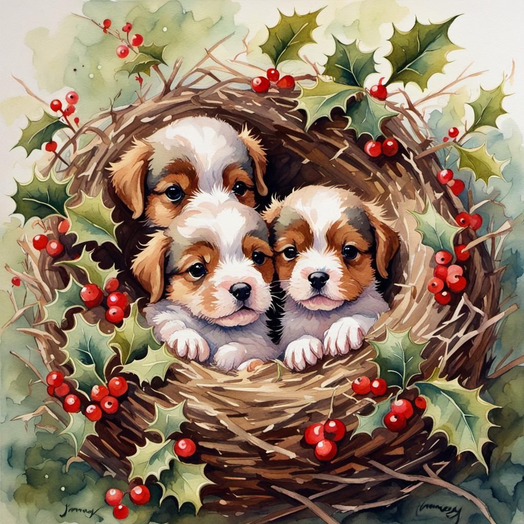 Cute Christmas Puppies Snuggling in Bird's Nest