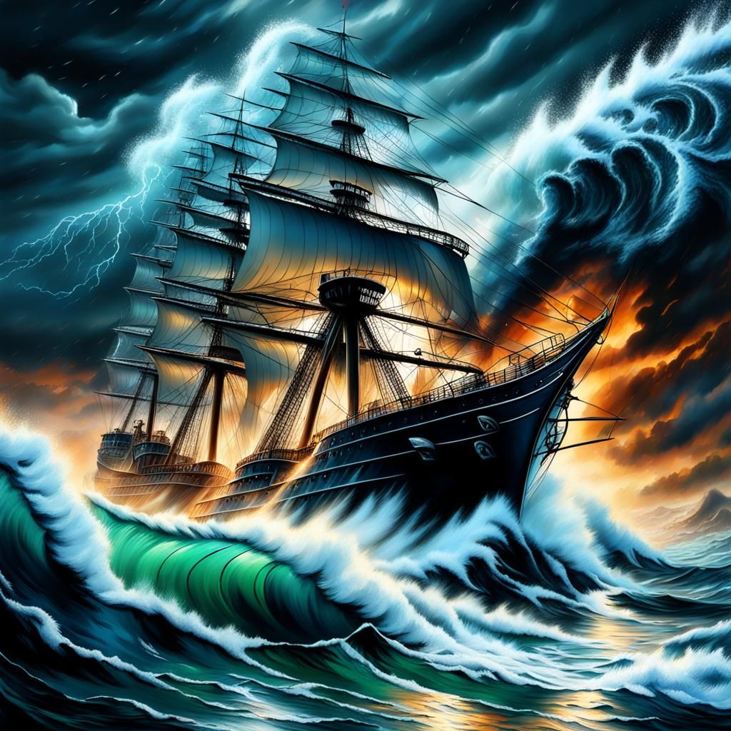 Stormy Night Frigate Amidst Crashing Waves