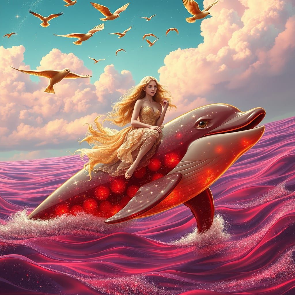Candy Dolphin Ride: Fantasy Art Nouveau Scene