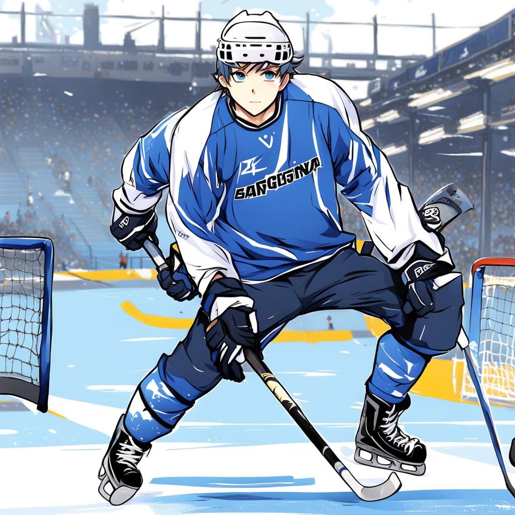 Cute Boy Playing Hockey in Anime Style