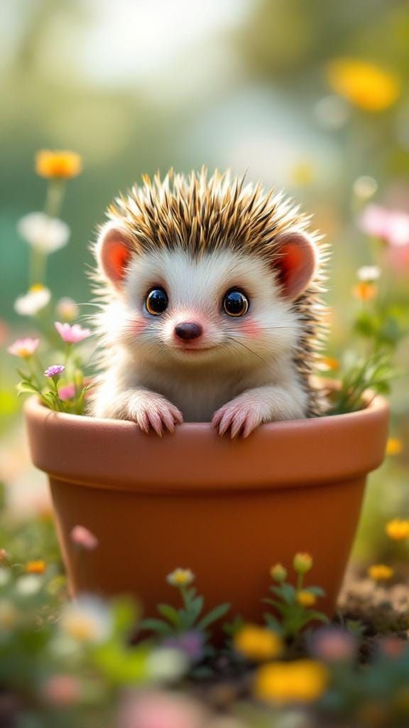 Adorable Hedgehog in Flower Garden, Ghibli-Inspired