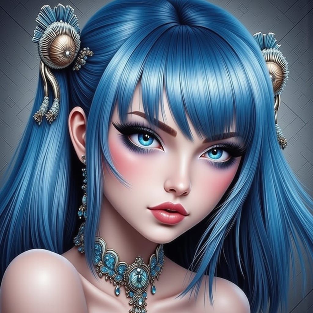 Striking Portrait of a Woman with Blue Hair and Blunt Bangs