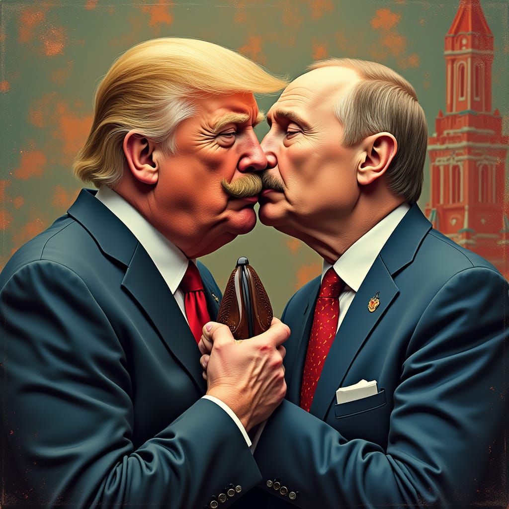 Funny Mustachioed Gentleman Kisses Trump, Teasing Putin