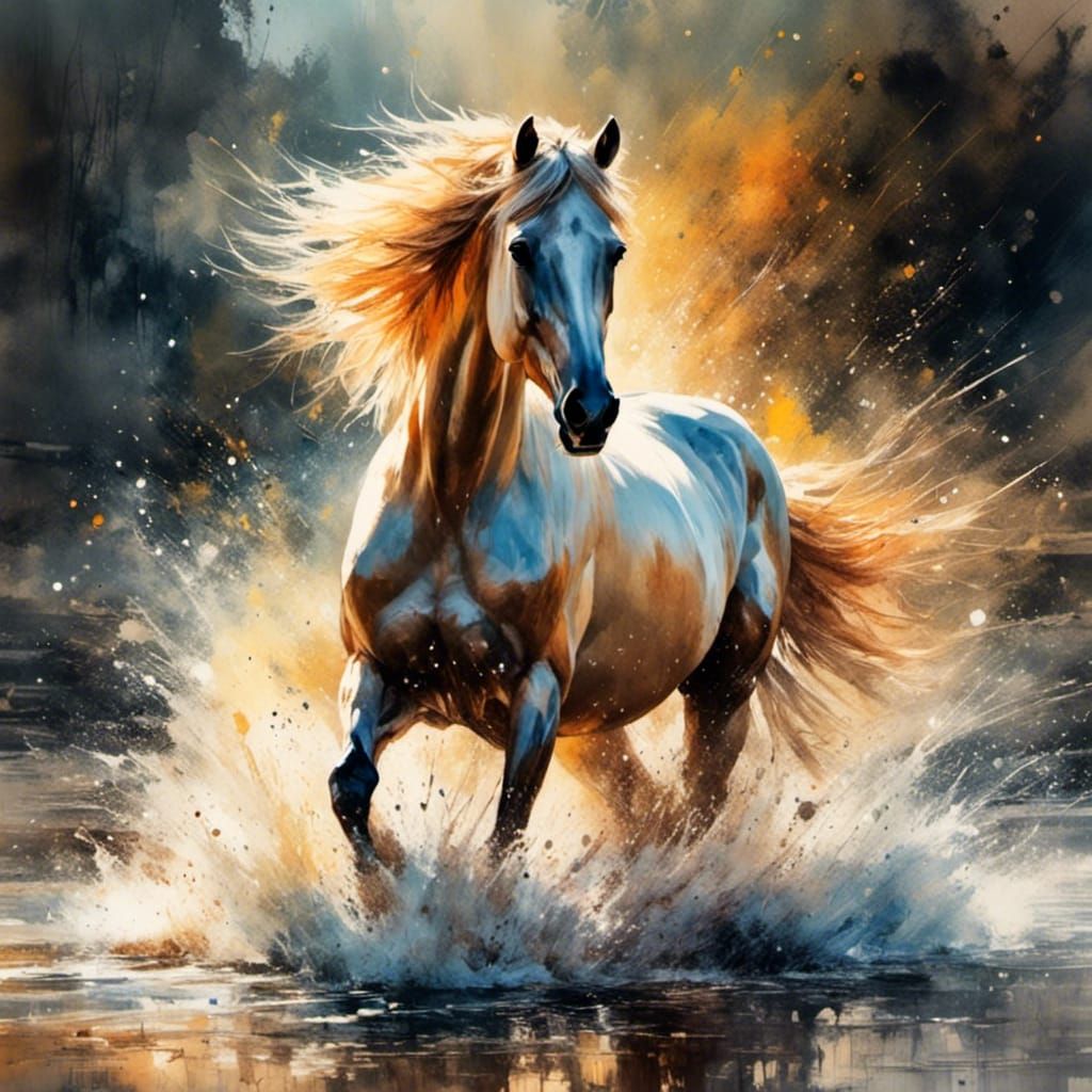 Majestic Horse Shakes Water in Magical Realism