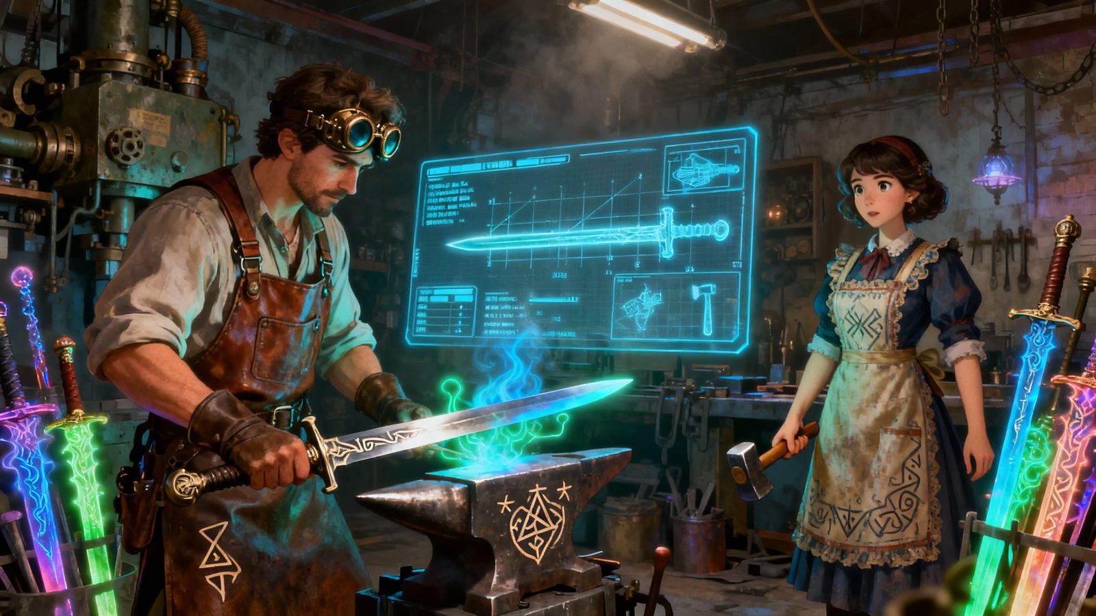 Aetherpunk Swordsmith and Apprentice Forge Magical Sword