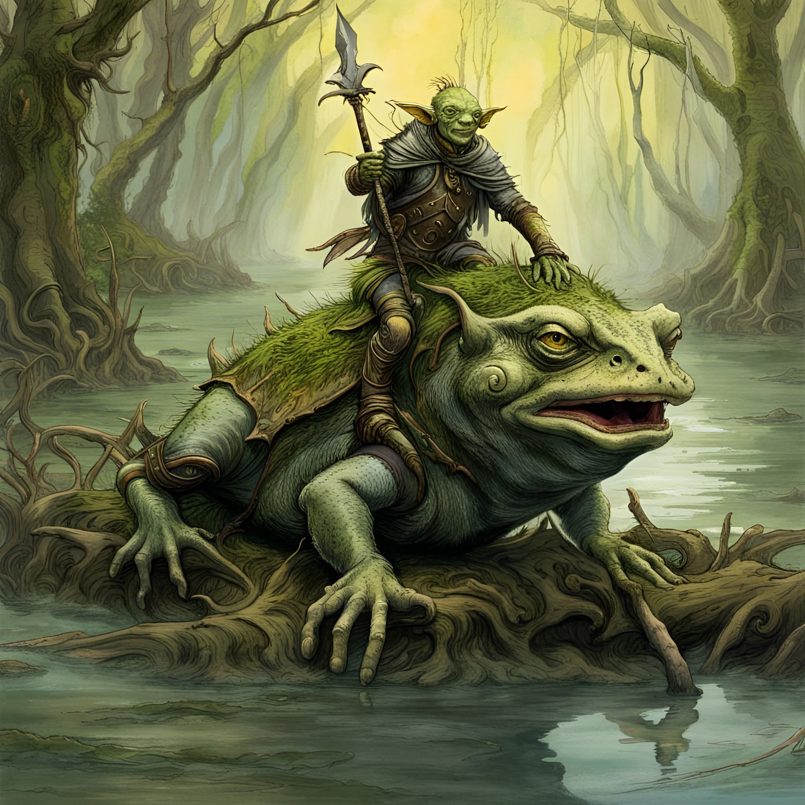 A goblin warrior atop his giant toad