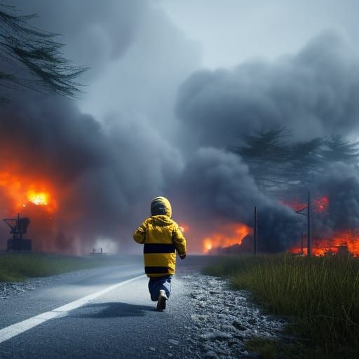 Terrified Boy Fleeing War-Torn City in Unreal Engine Style
