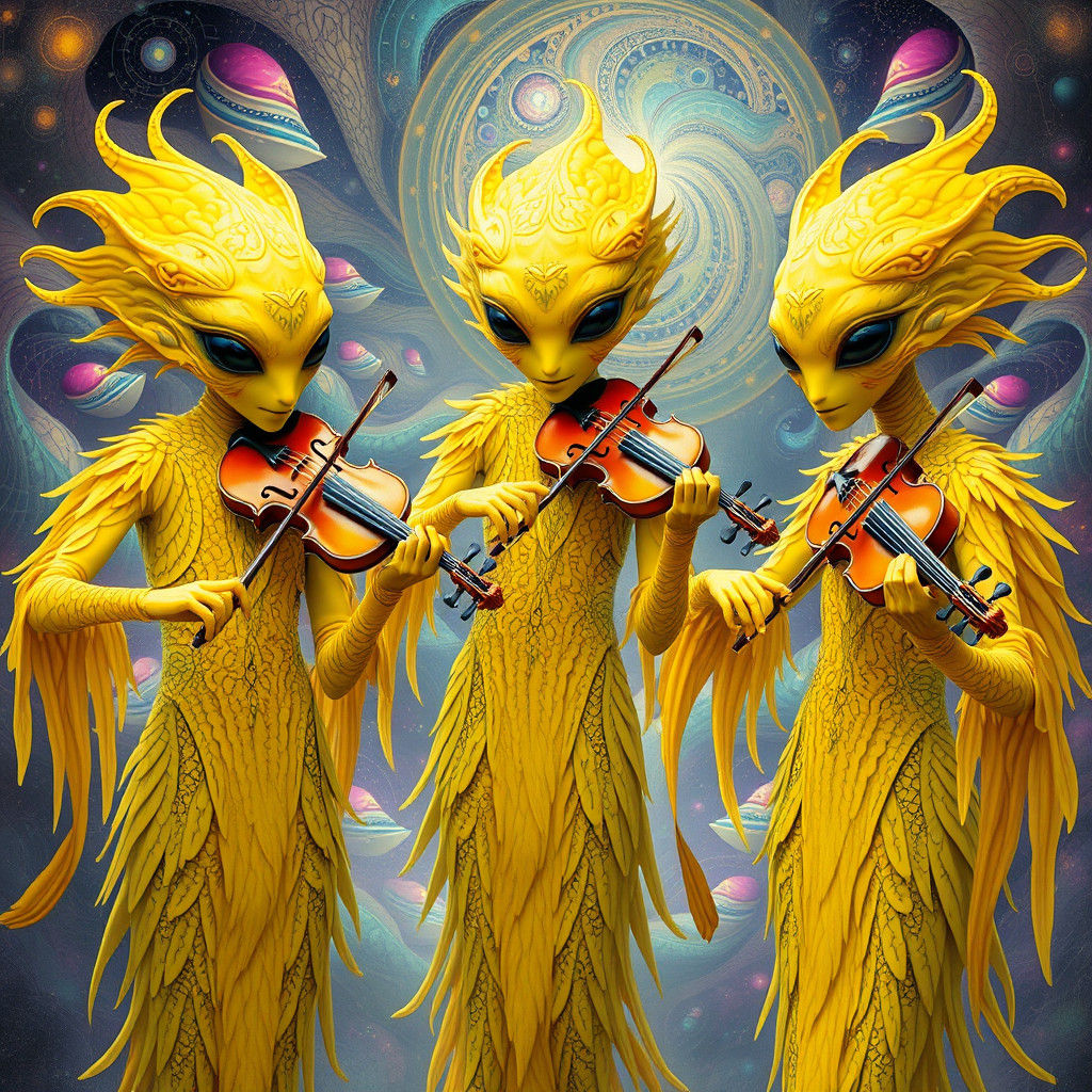 Three Yellow Alien Musicians Harmonize with the Cosmos in Vi...