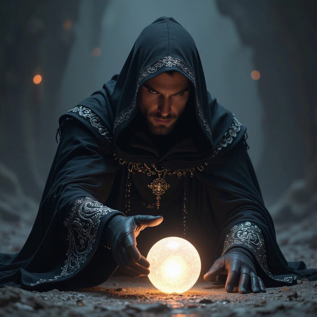 Figure Reaching for Light in Dark Mystical Style