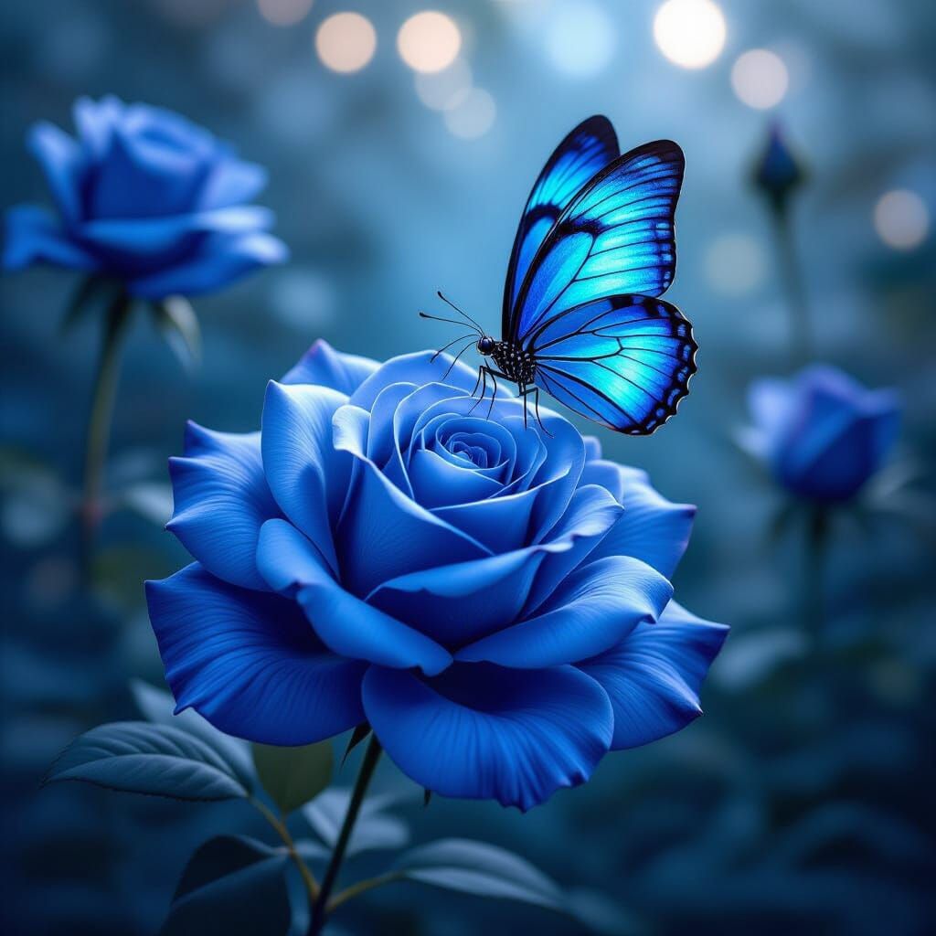 Midnight Blue Rose with Butterfly - Cinematic Matte Painting