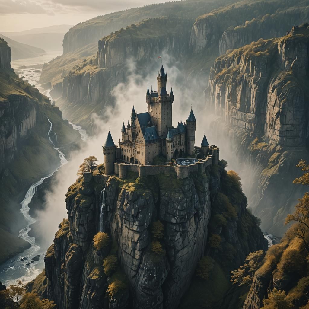 Majestic Cliffside Castle with Waterfalls into the Void