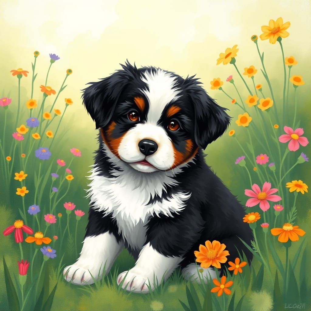 Whimsical Bernese Mountain Dog Puppy in a Sunny Meadow