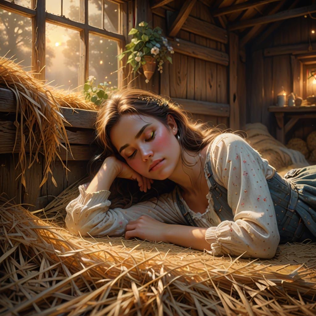 Ethereal Fantasy: Woman Asleep in Barn, Golden Light
