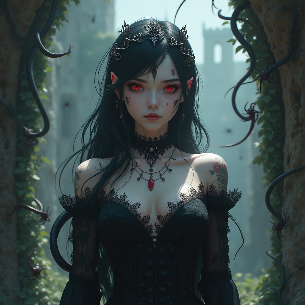 Gothic Queen in Crumbling Castle: 3D Anime